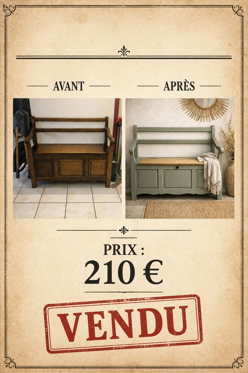 Banc coffre ancien — Avant / Après — Prix 210 € — Vendu
