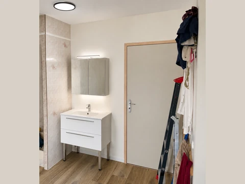 Nouvel accès, meuble vasque et miroir après travaux